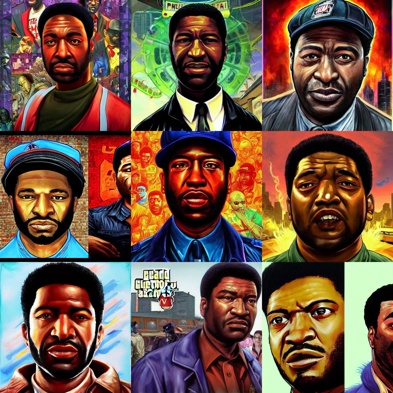 Prompt: fred hampton as a character in the game GTA VI, with a background based on the game League of Legends, detailed face, photorealistic pAINTING BY android jones, alex grey, chris dyer, and aaron brooks
