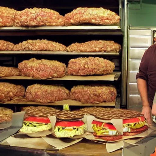 Prompt: promotional photo from the tv show storage hunters, a crowd gets excited seeing a storage room full of hamburgers, movie still, cinematic,