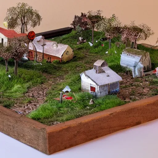 Prompt: diorama of a neighborhood with mushrooms