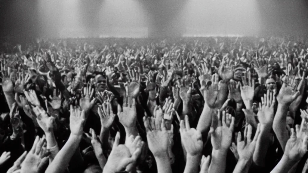 Prompt: movie still of a crowd waving hands saying good morning, cinematic composition, cinematic light, by david lynch