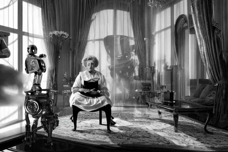 Image similar to VFX movie portrait of old woman served tea by a futuristic butler robot in a decadent living room by Emmanuel Lubezki