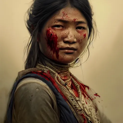 Prompt: portrait painting of a bloodied nepali female butcher from behinf, ultra realistic, concept art, intricate details, eerie, highly detailed, photorealistic, octane render, 8 k, unreal engine. art by artgerm and greg rutkowski and alphonse mucha