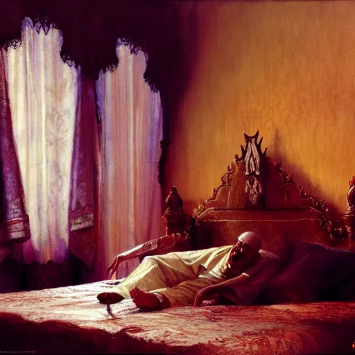 Image similar to the pope is in his bed, terrified, because a double horned shadow demon is in the wallpaper of the bedroom. highly detailed painting by gaston bussiere, greg rutkowski, craig mullins 8 k