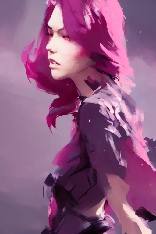 Image similar to A beautiful woman with professional makeup, with shoulder length mid-length magenta hair, volumetric lighting, dramatic atmosphere, subtle and detailed, by Dustin Nguyen, Akihiko Yoshida, Greg Tocchini, Greg Rutkowski, Cliff Chiang, 4k resolution, heavy contrast, trending on artstation