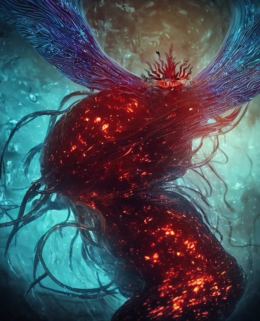 Prompt: close-up macro portrait of the dark queen, epic angle, epic pose, symmetrical artwork, 3d with depth of field, blurred background. cybernetic jellyfish phoenix bird, translucent, nautilus. energy flows of water and fire. a highly detailed epic cinematic concept art CG render. made in Maya, Blender and Photoshop, octane render, excellent composition, cinematic dystopian brutalist atmosphere, dynamic dramatic cinematic lighting, aesthetic, very inspirational, arthouse
