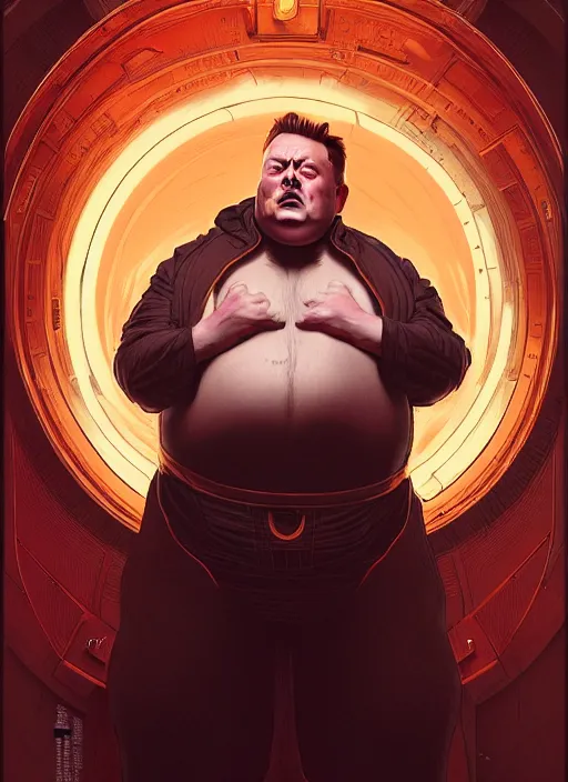 Image similar to obese elon musk as vladimir harkonnen, dune, portrait, intricate, elegant, highly detailed, digital painting, artstation, concept art, wallpaper, smooth, sharp focus, illustration, art by h. r. giger and artgerm and greg rutkowski and alphonse mucha