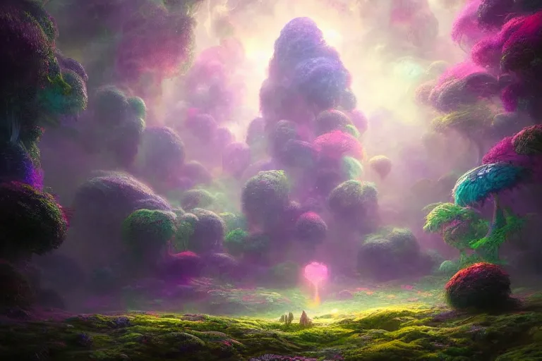 Image similar to a psychedelic realm hidden away in a pocket of ethereal understanding | astral beings sharing love | in the style of greg rutkowski | and wlop | and lisa frank | and bob ross | and ruan jia | illustration | epic | fantasy | hyper detailed | smooth | unreal engine | sharp focus | ray tracing