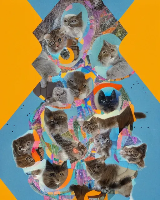 Image similar to a tribe of fluffy cats interweaved hide and seek within an geometric collage art, by Hannah af Klint, Henriëtte Ronner-Knip and Felipe Pantone, theosophy series 4K detailed kitsch and typographic annotation, rule of thirds