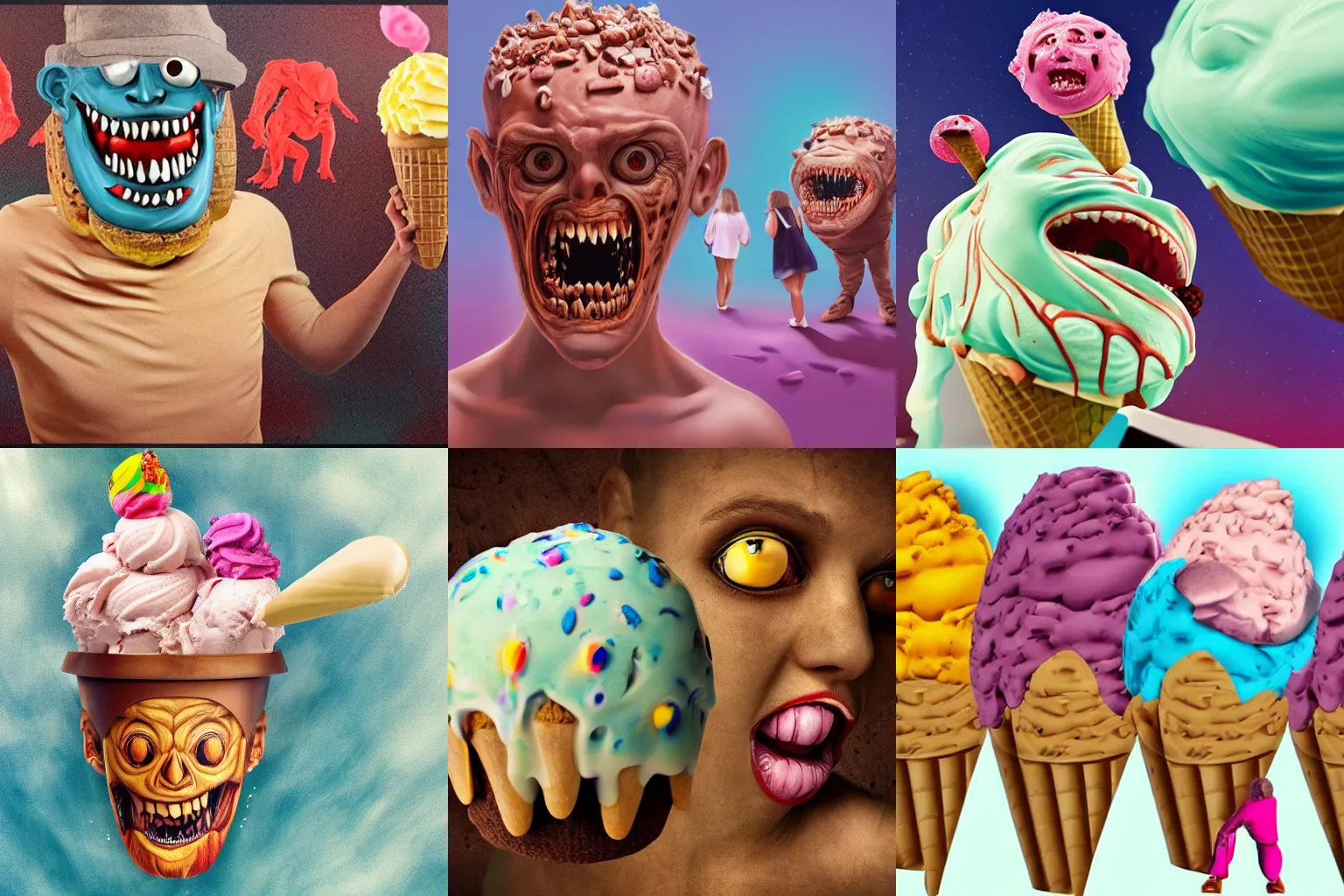 Prompt: a monster ice cream eating humans in a parallel universe, nightmare, realistic paint, 8k