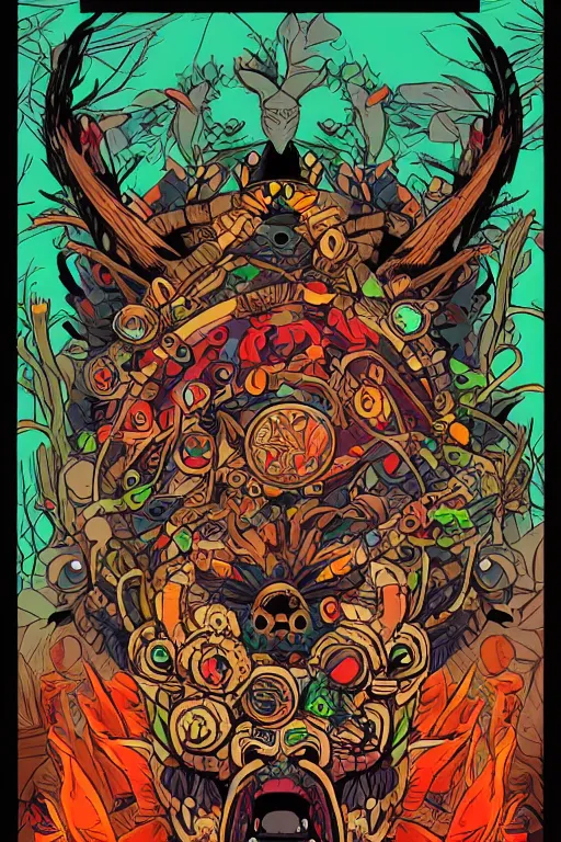 Image similar to animal mask totem roots flower tribal feather gemstone plant wood rock shaman vodoo video game vector cutout illustration vivid multicolor borderlands comics by josan gonzales and dan mumford radiating a glowing aura