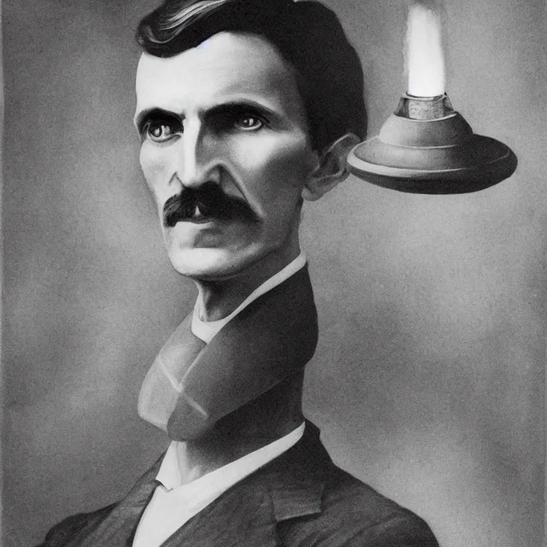 Prompt: Portrait of Nikola Tesla near the giant coil with lightings, photorealistic