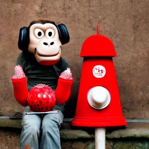 Prompt: chilled kong with red headphones on holding a amanita muscaria made by banksy