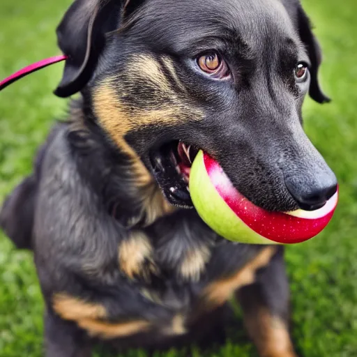 Image similar to a dog holding an apple in its mouth, 8 k, 4 k, professional photography, award winning photo