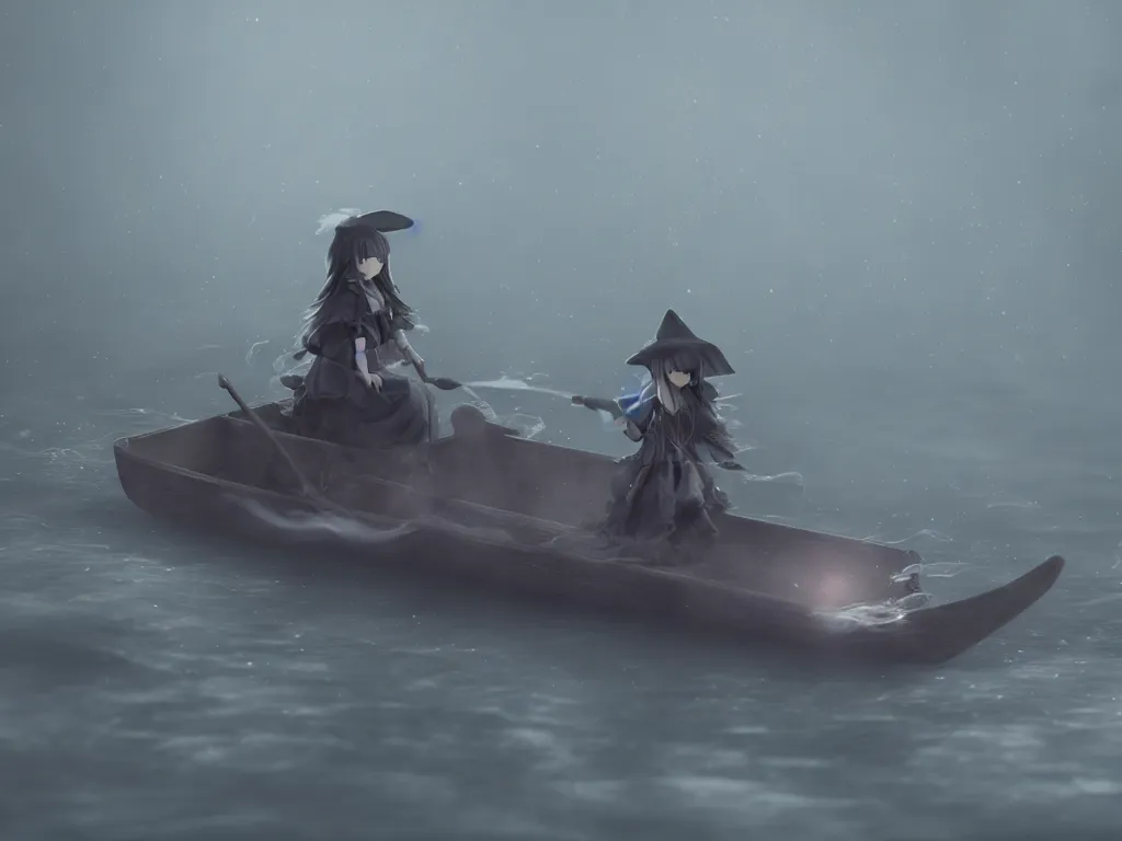 Image similar to cute fumo plush girl witch rowing a small boat through murky river water, river styx, otherworldly chibi gothic horror wraith maiden, lost in the milky void, hazy heavy swirling murky volumetric fog and smoke, moonglow, lens flare, vray