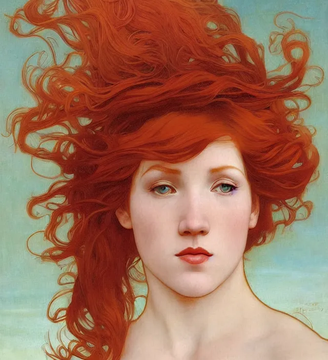 Image similar to intricate art nouveau portrait oil painting of redheaded young molly ringwald with long red hair blowing in the wind, mouth open, wearing a thin white dress, in front of a carved screen, elegant, digital painting, smooth, sharp focus, illustration, ultra realistic, 8 k, by bouguereau, alphonse mucha, artgerm, and donato giancola