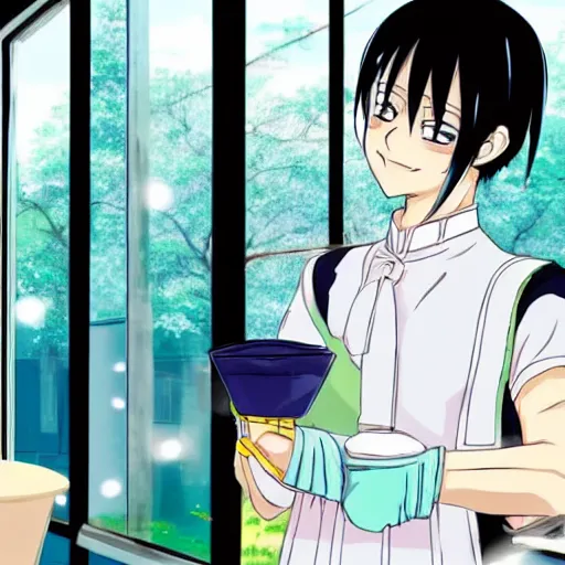 Image similar to a tall anime boy with black hair, blue eyes and piercings working at a café smiling in anime style with sunlight shinig through the windows as he's cleaning dishes, very detailed