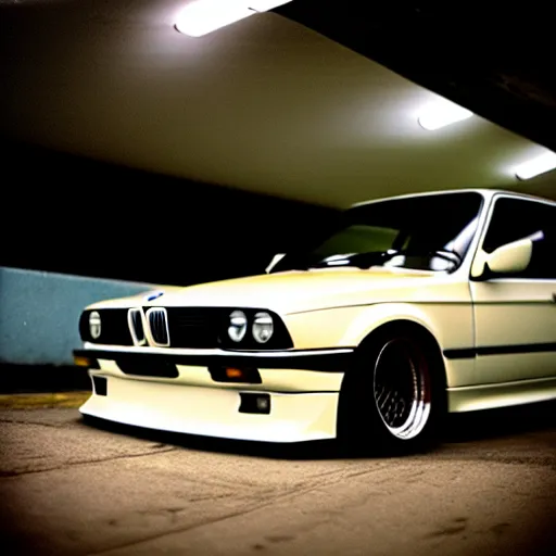 Image similar to a modified bmw e 3 0 with lights on in a futuristic neon parking garage, 3 5 mm photography, car photography, clean lines, realistic