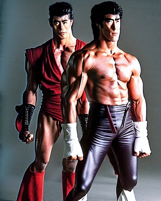 Image similar to Photograph of handsome muscular Japanese actor dressed as Kenshiro from fist of the North Star and as his evil brother Jagi who is wearing a face mask and body armor, photorealistic, photographed in the style of Annie Leibovitz