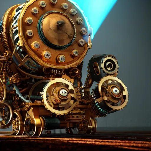 Prompt: maximalist render of a mechanical steam punk machine the size of a mountain standing alone in a dark room lit by a spotlight, V-Ray, Octane Render, Unreal Engine, 8k