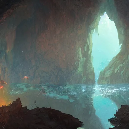 Image similar to masterpiece digital painting of underwater caves by kev walker and greg rutkowski and mucha, artstation, deviantart, closer view, cinematic lights