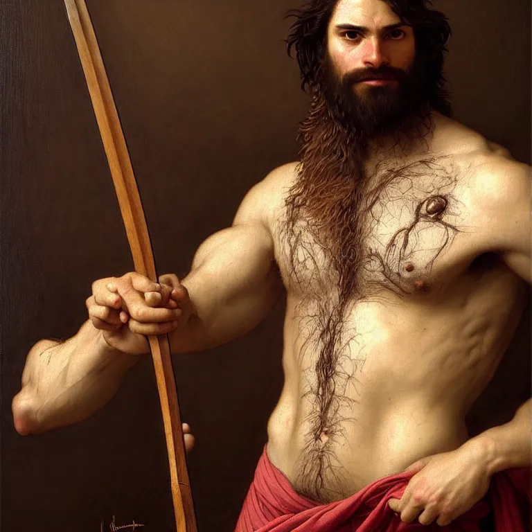 Prompt: renaissance painting full body portrait of a gruff ranger with a spear, lean and toned, handsome face, hairy chest and hairy body, D&D, intricate, elegant, highly detailed, digital painting, artstation, concept art, matte, sharp focus, chiaroscuro, well list, illustration, art by Artgerm and Greg Rutkowski and Alphonse Mucha