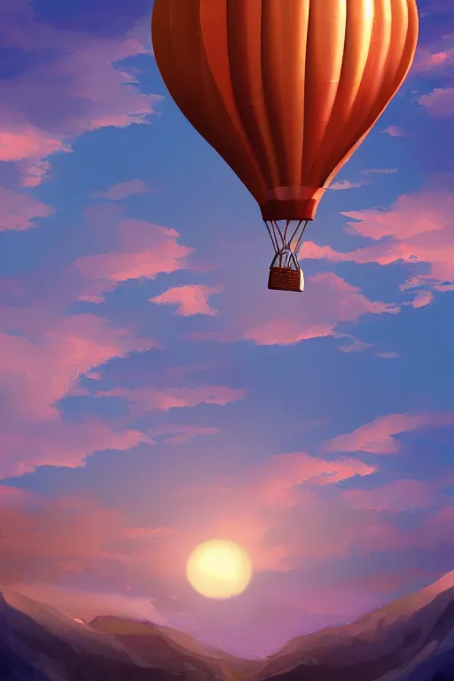 Image similar to sunrise mountain water hot air balloon digital art by amiyakinyu trending on artstation