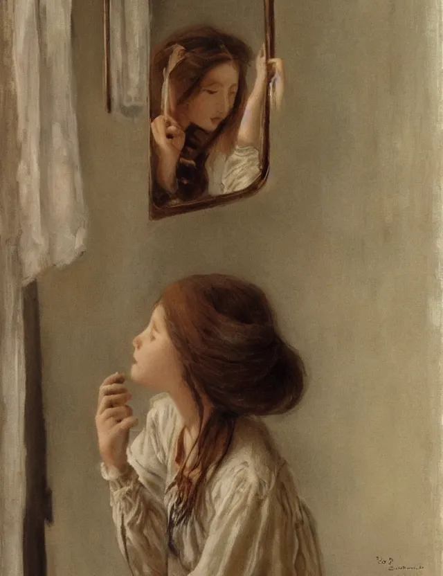 Prompt: peasant girl brushing her hair in front of a mirror, portray, Cinematic focus, Polaroid photo, vintage, neutral colors, soft lights, foggy, by Steve Hanks, by Serov Valentin, by lisa yuskavage, by Andrei Tarkovsky 8k render, detailed, oil on canvas