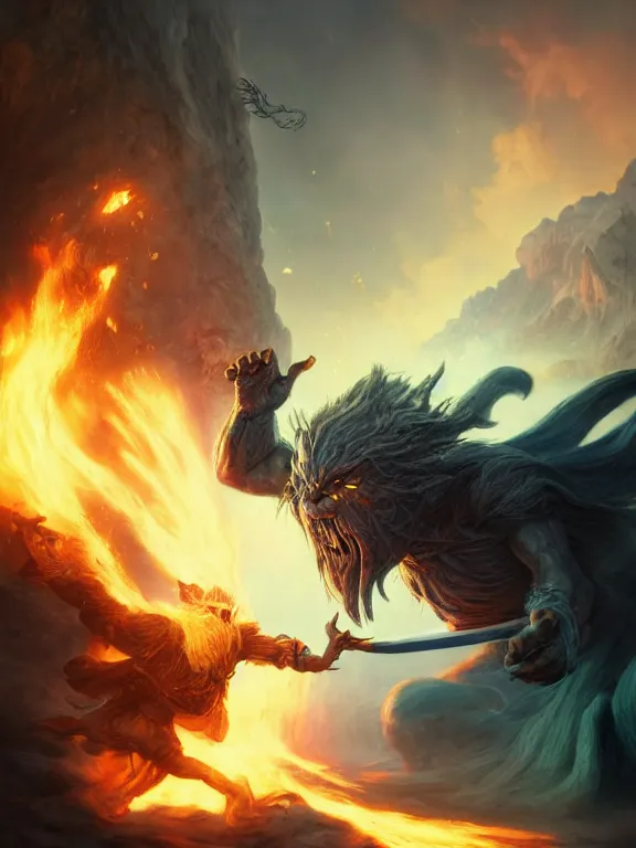 Image similar to photo of 8k ultra realistic Gandalf fighting the balrog, full of colour, cinematic lighting, battered, trending on artstation, 4k, hyperrealistic, focused, extreme details,unreal engine 5, cinematic, masterpiece, art by Peter Mohrbacher