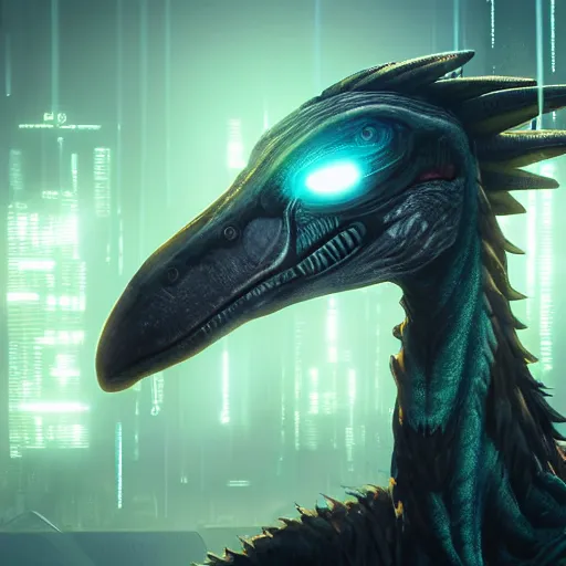 Image similar to close view matte painting of a velociraptor in modern helmet, mechanical bridges on the background, neon glow concept art, smooth, sharp focus, illustration, cyberpunk 2077, neuromancer, scifi, photorealistic, octane render, 8k