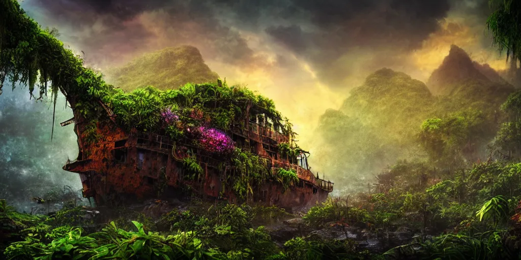 Image similar to a rusty ethereal ghost ship in a prehistoric jungle, lush flora, waterfall, mountains, dark towering clouds, flowers, vines, sunset, hazy, volumetric lighting, rtx on, washed out colors, an award winning digital render, beautiful, stunning, ultradetailed, great composition