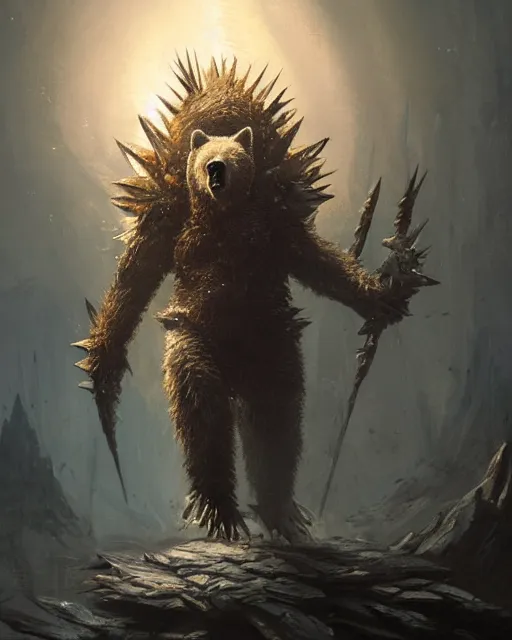 Image similar to Bear Spiky Armor, magic the gathering artwork, D&D, fantasy, cinematic lighting, centered, symmetrical, highly detailed, digital painting, artstation, concept art, smooth, sharp focus, illustration, volumetric lighting, epic Composition, 8k, art by Akihiko Yoshida and Greg Rutkowski and Craig Mullins, oil painting, cgsociety