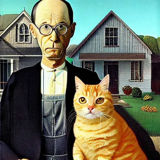 Image similar to fat orange tabby cat next to jon from garfield, american gothic by grant wood