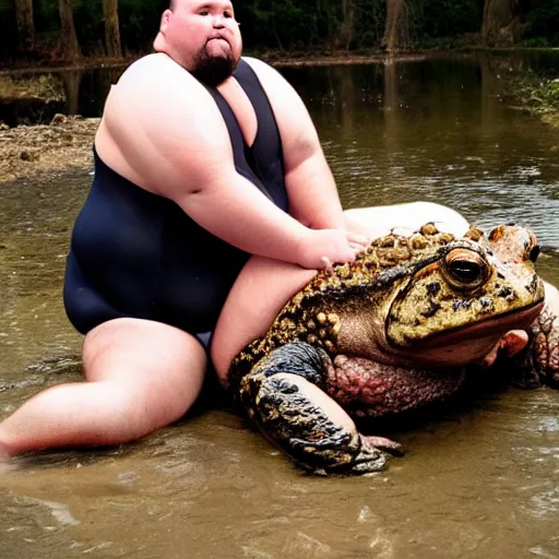 Image similar to dramatic photo of a fat man in a swimsuit holding and licking the worlds largest toad