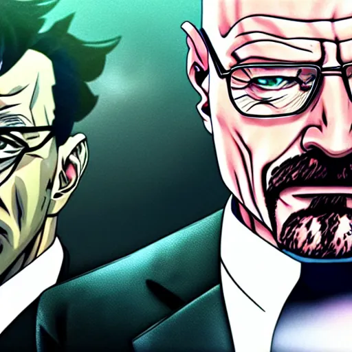 Image similar to walter white in jojos bizarre adventure, 4 k, hyper realistic, anime style, illustration