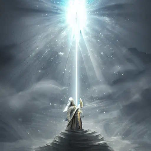 Prompt: a beacon of light descends from the clouds and refracts into ripples and shards of light energy in contact with the tip of a white fantasy sword wielded overhead by an archangel man on a medieval battlefield, artstation, deviantart, 8k, concept art, incredibly detailed art