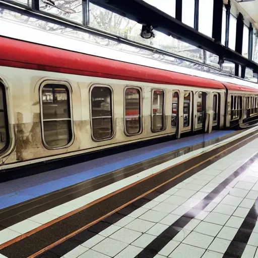 Prompt: photo of a train station, with floor flooded with ice cream