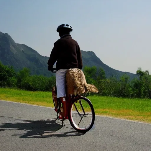 Prompt: horse bicycle!!!, cycling!!, anthropomorphic!!!!!, mountains, humanlike, award winning photo,