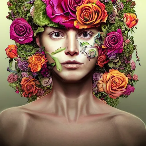 Image similar to the anatomy of a head of lettuce with roses that resemble a beautiful woman, an ultrafine detailed painting by james jean, intricate linework, bright colors, final fantasy, behance contest winner, vanitas, angular, altermodern, unreal engine, global illumination, radiant light, detailed and intricate environment