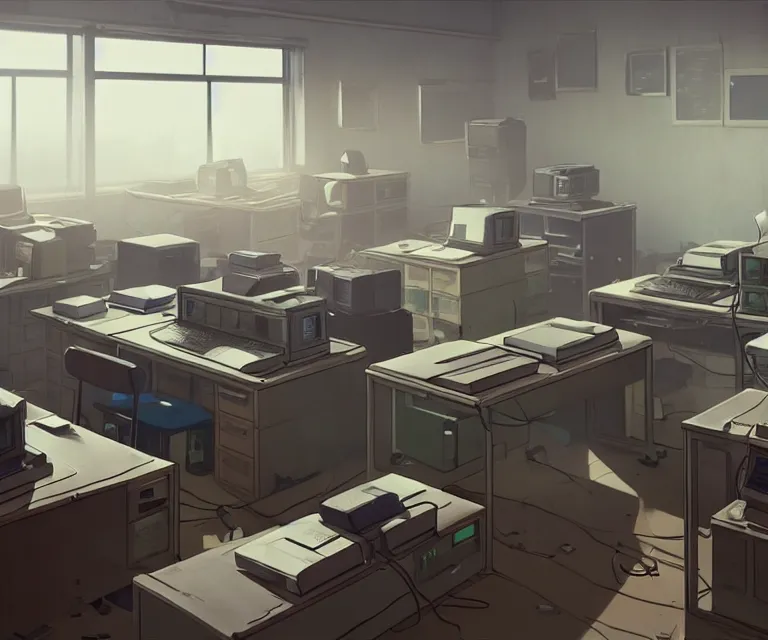 Prompt: an interior room with old pc computers stacked on the walls and desks, makoto shinkai, dusty