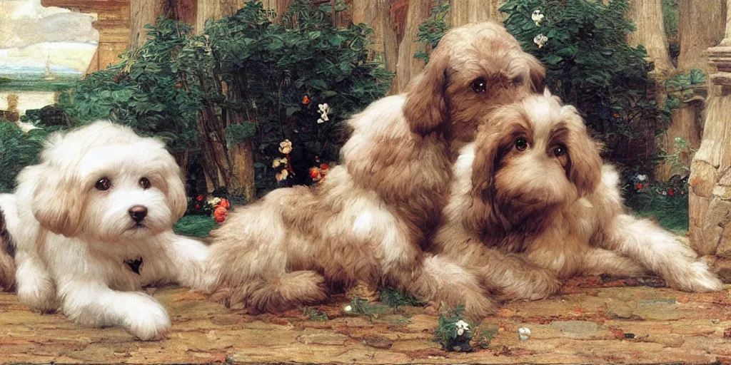 Image similar to 3 d precious moments plush dog, precious moments, realistic fur, master painter and art style of john william waterhouse and caspar david friedrich and philipp otto runge