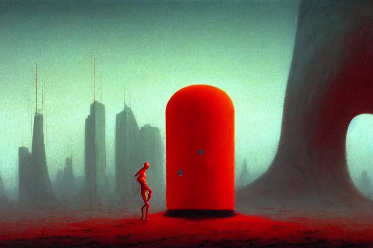 Image similar to only with red, red god of death eat apple, a futuristic city on mars in the background, red worms on the floor, in the style of beksinski, part by hopper, part by rodcenko, part by hofbauer, intricate composition, red by caravaggio, insanely quality, highly detailed, masterpiece, red light, artstation, 8 k