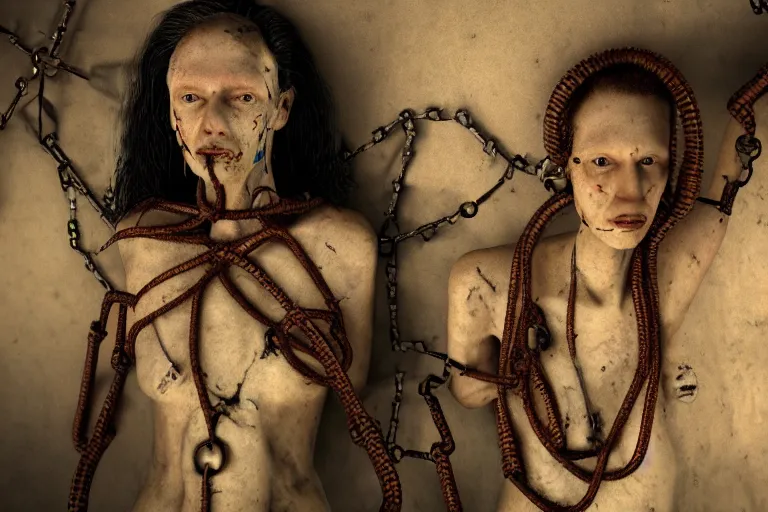 Image similar to 35mm color, humans enslaved, chained together, artificial intelligence, portrait, fashion shoot, weird, random, strange, hyperdetailed, photorealistic, interesting, by David la chapelle and karol bak and david cronenberg and WETA digital, Dariusz Zawadzki , ID magazine, octane rendering, cinematic, hyperrealism, octane rendering, 8k, depth of field, bokeh.