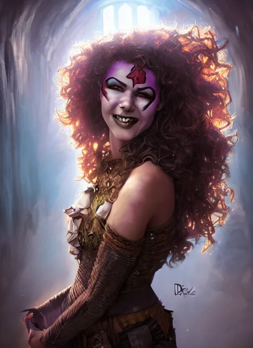 Image similar to an epic fantasy comic book style portrait painting of a girl wearing fantasy makeup with a mischievous smile and curly brown hair stepping out of a doorway with light shining behind her, unreal 5, daz, hyperrealistic, octane render, cosplay, rpg portrait, dynamic lighting