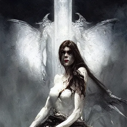 Image similar to in the drakest place in the world, a world of horror, films of all time, and a stunning white gothic angel, is the experience of all, members of your family who, and reward players for their success, concept art, artwork by greg rutkowski, trending