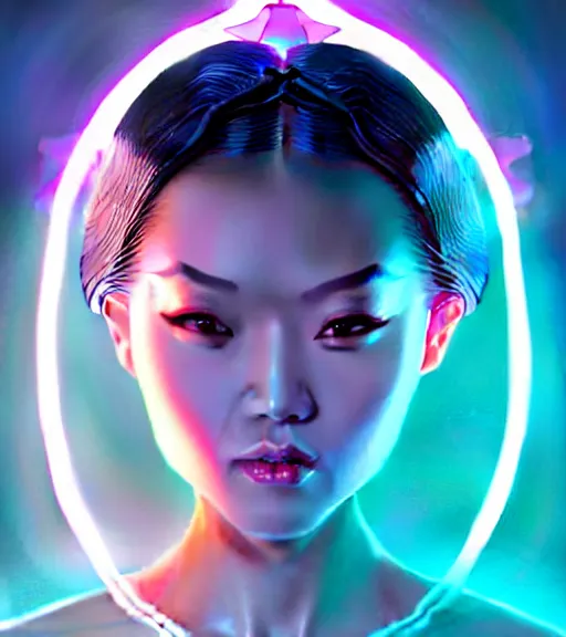 Image similar to symmetry!! asian princess of technology, solid cube of light, hard edges, product render retro - futuristic poster scifi, lasers and neon circuits, beautiful asian princess, intricate, elegant, highly detailed, digital painting, artstation, concept art, smooth, sharp focus, illustration, dreamlike, art by artgerm