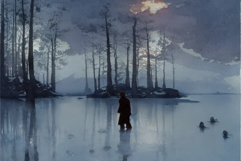 Prompt: watercolor painting of crystal clear ice lake, reflective, crisp winter, fog and snowing, ambient lighting, art by anders zorn and winslow homer, wonderful masterpiece by greg rutkowski, cinematic light, american romanticism by greg manchess, creation by tyler edlin