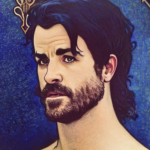 Image similar to justin theroux portrait by louis - theophile hingre and alphonse mucha, realistic, sharp focus, zodiac signs, tarot cards, planets, ethereal, art nouveau, magic, moon, sun, crown, dreamy, royal, jewellery