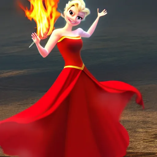 Image similar to elsa with fire powers wearing a red dress