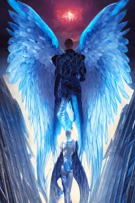 Prompt: a man from behind with a pair of blue energy wings!!! soaring through futuristic paris, 4 k, shimmering color, cinematic light, hyper detailed, art by greg rutkowski and magali villeneuve and artgerm