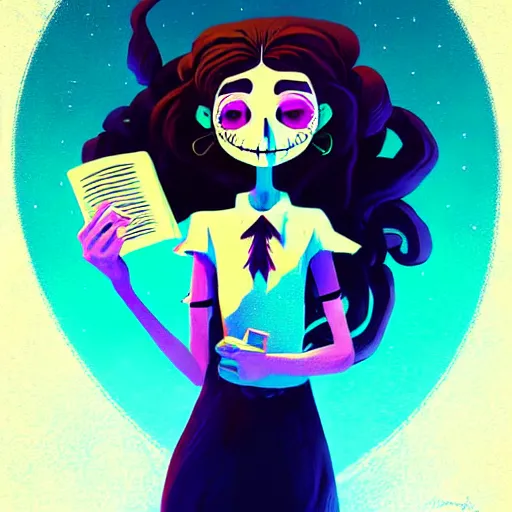 Image similar to curled perspective digital art of curly brown hair irish italian teenage girl with spellbook and wand by anton fadeev from nightmare before christmas